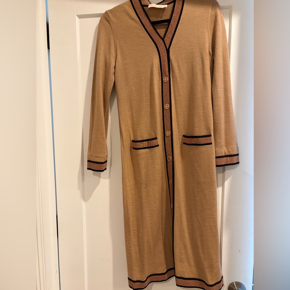 Tory Burch Metallic Camel knit dress with Black Trim